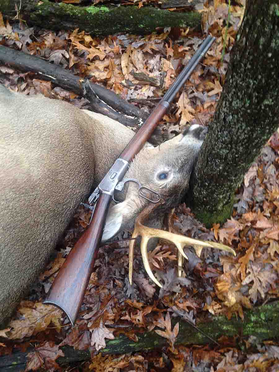 This 8-point whitetail was taken by Harvey with his Winchester Model 1892 .44-40 using black powder loads mentioned in this feature